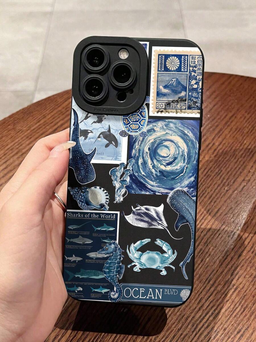 حالة هاتف محمي من الماء والصدمات والخدوش، تصميم إبداعي راقي، تغطية كاملة للهاتف، مضاد للبصمات والسقوط، متوافق مع أجهزة 16/16Pro/16Plus/15/15ProMax/15Pro/11/12/13/14ProMax/11Pro/11ProMax/12Pro/12ProMax/13Pro/13ProMax/14Pro/14ProMax، بطبعة أنيقة لحيوانات البحر مثل الحوت والقرش والشيطان البحري والحصان البحري والأمواج، غطاء ناعم