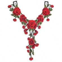 [16.9" Embroidered Applique Patch] 1pc Elegant Red 3D Floral Lace Trim, 16.9" X 13.8" Embroidered Applique Patch For DIY Sewing And Crafting - Polyester Organza Fabric, Perfect For Clothing Decoration & Accessories