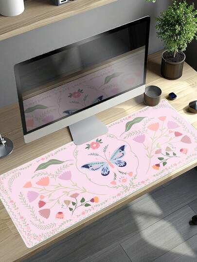 粉色蝴蝶花橡胶防滑游戏鼠标垫，适用于台式电脑/笔记本电脑和笔记本电脑