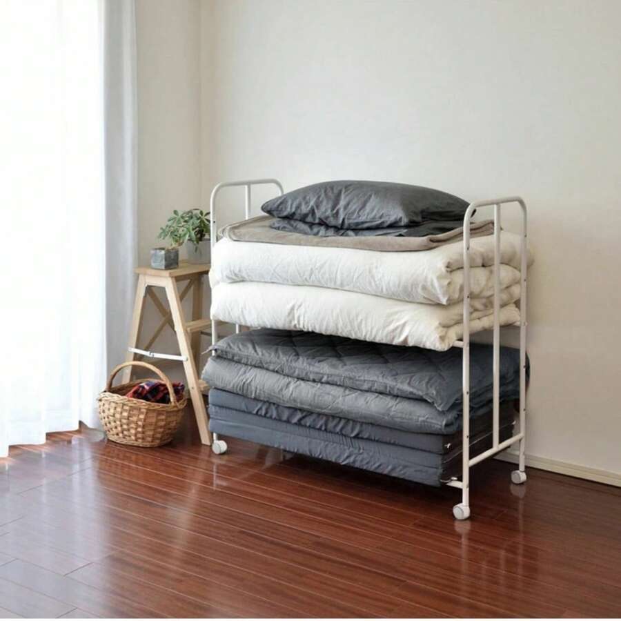 Rolling Meditation Cushion Storage Unit, Movable Blanket Organizer Rack, 2 Tiers, 5 Height-Adjustable Levels