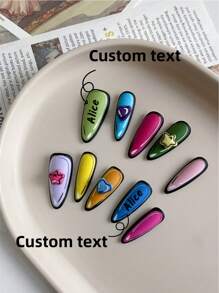 10 piezas de uñas de almendra hechas a mano, con texto personalizado y nombre personalizado, arte de uñas de verano, uñas postizas hermosas, hazlo tú mismo, uñas coloridas con estrellas de dopamina, suministros de uñas reutilizables para niñas y mujeres para bodas, fiestas, vacaciones, regalo de un juego de uñas