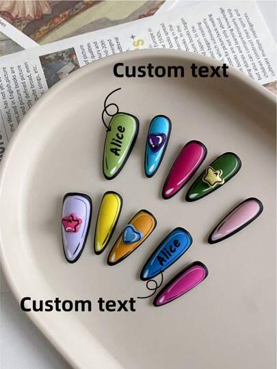 10 Stücke handgepresste Mandel-Nägel, personalisierter Text und personalisierter Name, Sommer Nagelkunst, schöne Fake-Nägel, DIY, Dopamin Stern bunte Nägel blaue Nägel wiederverwendbare Nagelzubehör für Mädchen, Damen bei Hochzeiten, Partys, Urlaubsszenen, als Geschenk ein Nagel-Set