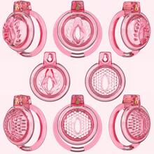 Haifan Soft Silicone Mini Chastity Devices Flat Cock Cage For Men With 6 Sizes Rings Penis Lock Bondage Sex Toys SM Products (Pink-Transparent)