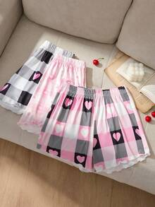 3 Pieces/Set Of Girl's Casual Checkered Straight Leg Shorts, Suitable For Home Wear, Cool Summer Checkered Heart-Shaped Pattern Pants, Soft And Comfortable Pants, Perfect For Family Vacation Wear - Multicolor - View 2