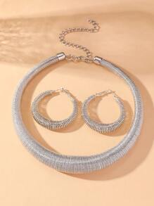 3 Stücke minimalistisches Silber Metall Chunky Halsketten und Ohrring Schmuckset
