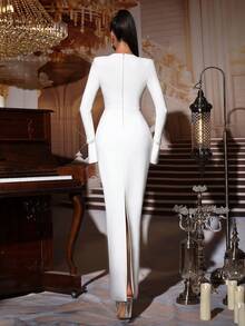 New White Sexy Trumpet Sleeve Square Collar Heavy Diamond Pearl Slim Fit Long Bandage Dress Elegant Wedding Bridesmaid Dress Wedding Guests Birthday Party Holiday Ladies Formal Dinner Dress - White - View 6