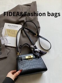 新款时尚女士手提包，纯色优雅鳄鱼纹别致手提包，配围巾，百搭单肩包，适合约会和购物 - 黑色 - 查看 8
