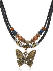 1pc Retro Personalized Men's Necklace, Handmade Metal Butterfly Pendant Beaded Sweater Chain, Suitable For Daily Wear