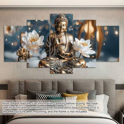 5 件/套佛像和白花帆布墙画 - 宁静的冥想场景，带有金佛、复古、宗教、多面板印刷品，适合现代家居装饰，非常适合客厅或卧室、禅宗家居装饰、海报、墙画、房间装饰用品