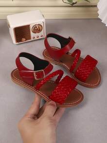 夏季儿童编织带凉鞋，休闲时尚，男童女童平底沙滩鞋，适合日常、度假、旅行 - 紅色 - 查看 5