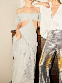 Sequin Patchwork Chiffon Off-Shoulder Sexy Short Sleeve Dress, Suitable For Wedding Guest, Birthday Party, Back To School Party - White - View 9