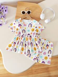 2 件年轻女孩休闲条纹图案印花短袖上衣和松紧腰短裤套装，适合日常穿着、居家、户外、运动、春夏季 - 彩色 - 查看 1