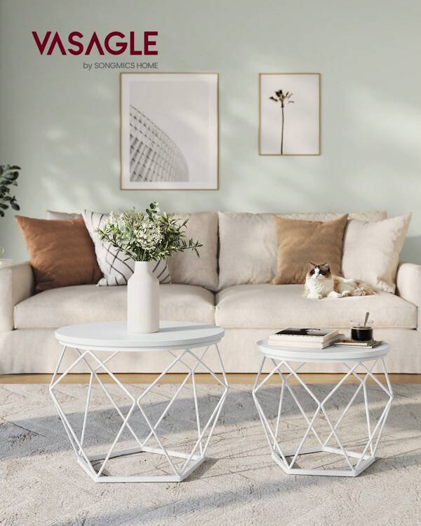 VASAGLE Couchtisch rund, 2er Set, Wohnzimmertisch, Beistelltisch, modern, abnehmbare Tischplatte, für Wohnzimmer,schneeweiß-wolkenweiß