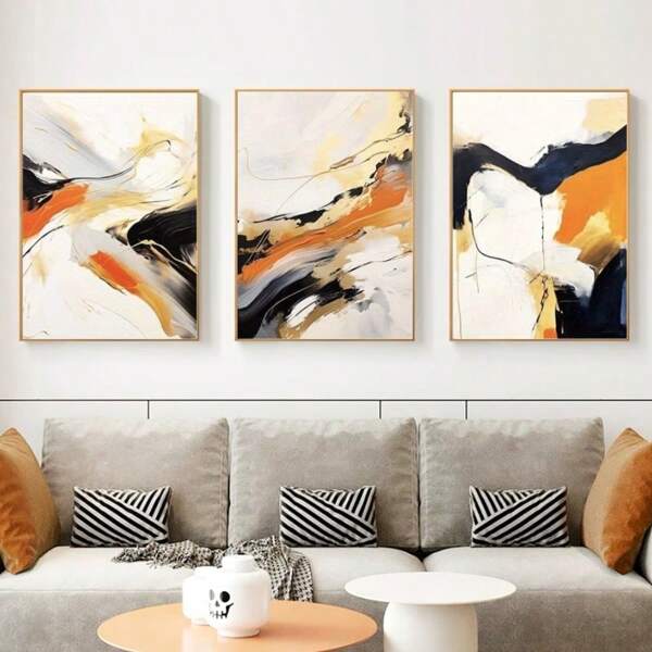 3pcs Modern Abstract Orange Black Brush Stroke Art Posters, Gold Accents, Textured Canvas Wall Arts For Living Room, Bedroom, Office, Stylish Decoration, Frameless