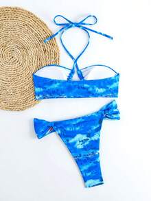 夏季新款扎染印花比基尼套装，海滩度假泳衣，适合海滩，泳池派对，性感欧式，适合度假，海滩 - 藍色 - 查看 4