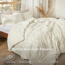 Luxurious Tufted Boho Comforter Set Queen Size - Premium Beige Bedding Ensemble With 3-Piece Shabby Chic Embroidery, Ideal Gifts For Women, Soft Jacquard Queen Comforter For All Seasons - 11 - 象牙色 - 優雅 - 查看 2