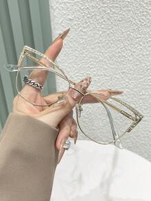 1 pieza Gafas de moda con lente transparente y diseño único de mujer con ojos de gato de metal con rhinestones - transparente - Ver 3