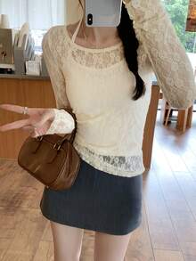 2 件套甜美辣味时尚蕾丝领口背心和 T 恤套装，女士，夏季 - 杏色 - 查看 5