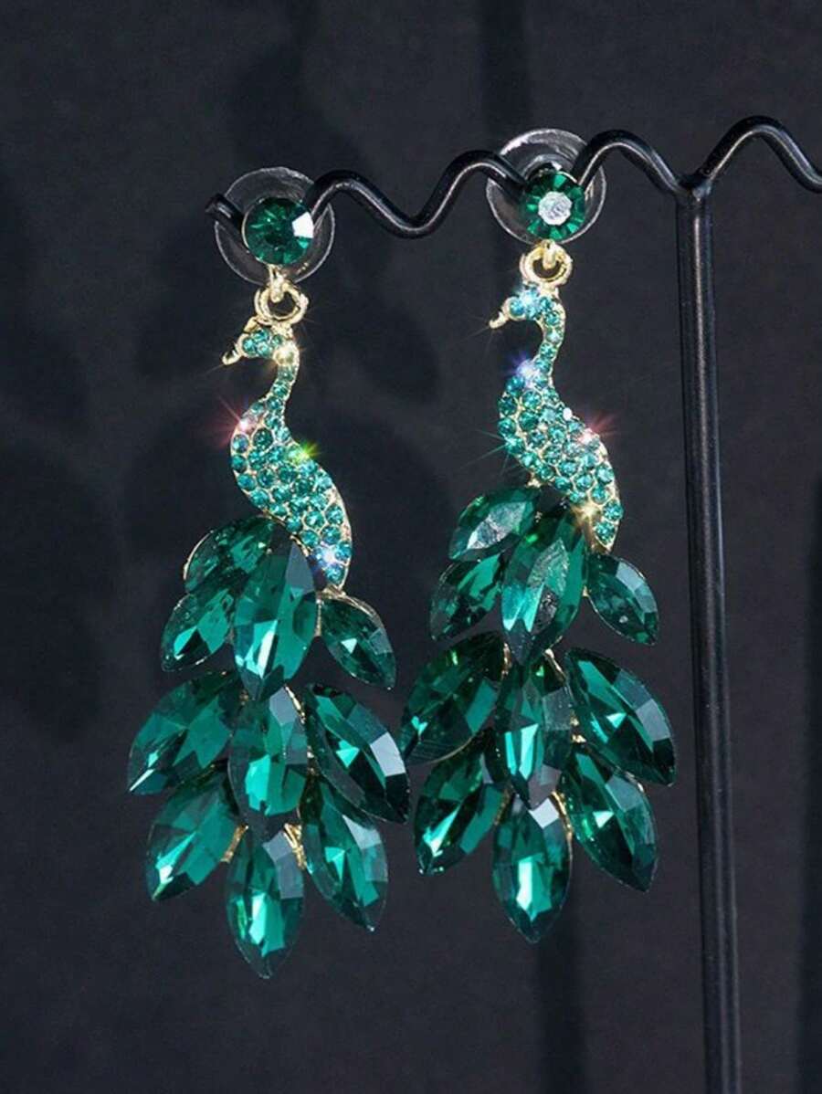 1 par de pendientes de poste con crystal brillante con diseño de pluma de pavo real, pendientes verdes de moda para mujeres, adecuados para fiestas, banquetes y uso diario
