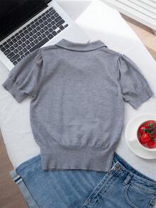 可爱温顺蝴蝶结领薄针织短袖上衣，女款优雅甜美学院风T恤，修身夏季纹理套头衫 - 灰色 - 查看 11