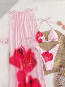 مجموعة 3 قطع للنساء من البيكيني والتنورة الملونة بطبعة زهور للشاطئ وعطلة الصيف، على طراز البوهيمي بياقة علوية