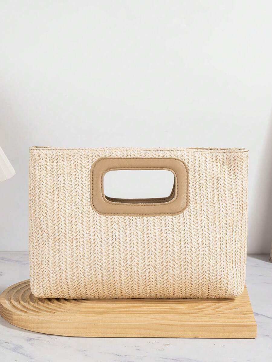 新款欧美风编织包，度假草编包，旅行包，时尚便携收纳包，沙滩包，草编手提包，迷你草编手提包，草编手拿包，草编晚宴包，夏季必备，百搭单品，完美适用于女性、女孩、学生、旅行、度假、海滩、节日、派对、送礼等场合。 - 米色 - 查看 1