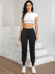 Women's High Elasticity Ice Silk Nylon Sports Pants - Solid Color, Suitable For All Seasons, Knit Fabric, Regular Style, Elastic Waistband With Drawstring, Suitable For Running And Casual Wear