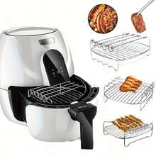 Griglia a doppio strato per friggitrice ad aria con spiedini, accessori rettangolari per friggitrice ad aria adatti per cottura a forno e griglia, lavaggio in lavastoviglie, adatto anche per grigliare all'aperto, compatibile con griglie quadrate di friggitrice ad aria, in acciaio al carbonio - Argento - Visualizzare 3