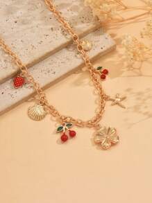 1 pièce Collier multi-pendentif en alliage doré avec fleurs, cerises, fraises, coquillages, étoiles de mer pour l'été. Convient pour les tenues quotidiennes des femmes, la plage, les fêtes, les festivals de musique. Longueur de chaîne réglable