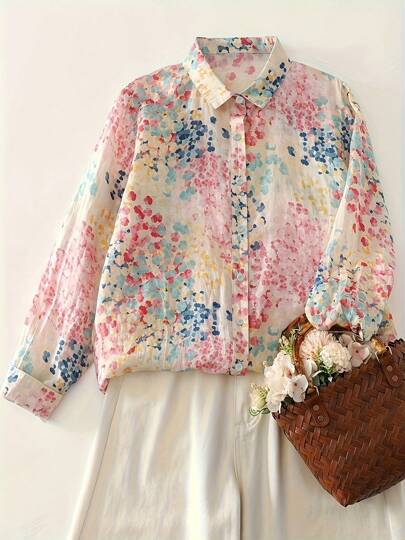Blusa de lino con estampado floral menudo en tonos de macaron, camisa suelta y delgada versátil con estampado para mujeres