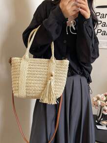 Geantă de umăr tip paie, casual, la modă, de culoare solidă, cu capacitate mare, pentru femei, cu pandantiv decorativ tip ciucure, tip crossbody, pentru vacanță și plajă