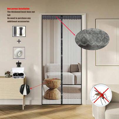 Sommer-Essentiell, Wohndekoration, minimalistischer schwarzer gestreifter magnetischer Fliegengitter-Vorhang - geeignet für Dachboden, Küche, Wohnzimmer und andere Szenarien, spurlose Installation, automatisches Schließsystem, hochdurchlässiges Anti-Moskito-Netz, tierfreundlich