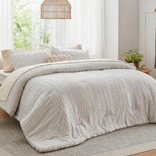 Luxurious Tufted Boho Comforter Set Queen Size - Premium Beige Bedding Ensemble With 3-Piece Shabby Chic Embroidery, Ideal Gifts For Women, Soft Jacquard Queen Comforter For All Seasons - 09 - 亞麻 - 條紋 - 查看 2