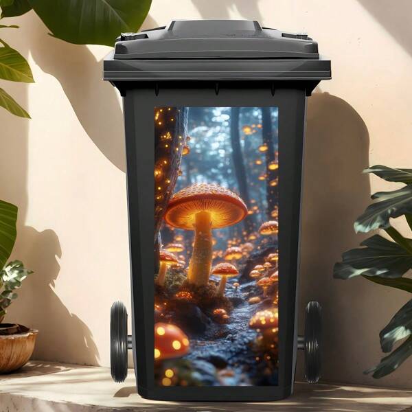 1PC Enchanting Glowing Mushroom Trash Can Sticker – Fantasy Forest Design For Outdoor & Indoor Trash Bins – UV Resistant, Waterproof Vinyl Wrap – For Garden, Yard & Home Use – Unique Trash Bin Decal For A Magical, Organic Touch