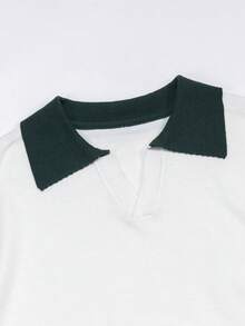 Unisex Loose Casual Polo Collar Short Sleeve Knit Pullover Top, Korean Style, Spring/Summer - White - View 7