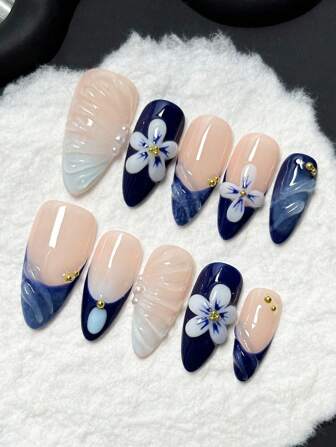 10pcs/Set Handmade Acrylic Press On Nails Mid-Length Almond Nails,Spring Nails, Summer Nails, French Nails, Blue Nails, Three-Dimensional Hand-Dripped Resin Flowers, Three-Dimensional Stripes