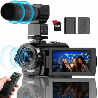 Nicamery FHD 1080P 24.0MP 3.0" 270° Rotating Screen 16X Digital Zoom Video Camcorder With Microphone, Remote Control And 2 Batteries For Vlogging