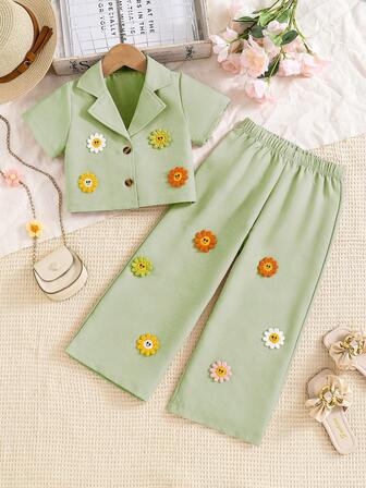 女童休闲 3D 花卉刺绣两件套 - 宽松梭织领上衣和裤子，适合通勤、日常穿着、家庭聚会、露营