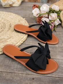 Women's Flat Bow Thong Sandals, Elegant And Comfortable Flat Casual Beach Slippers For Summer