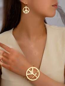 3pcs Set European & American Style Exaggerated Vintage Peace Sign, Minimalist Geometric Open Cuff Bracelet And Stud Earrings For Women - Type a - View 10