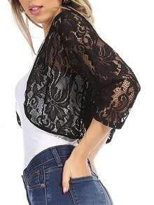 Casual Lace Bolero Crochet Cardigan With 3/4 Sleeves    Casual  Fabric  Sheer  Split      Daily - 黑色 - 查看 2