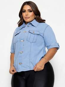 Plus Size Short Sleeve Denim Shirt With Pockets And Buttons - 淺藍色 - 查看 6