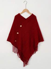 1pc Women's Solid Color Button Tassel Knit Poncho Shawl Cardigan, Warm & Stylish, Casual For Holiday And Daily Wear