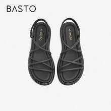 BASTO 简约复古条纹罗马厚底交叉纯色女士凉鞋，非常适合海滩漫步和夏季度假