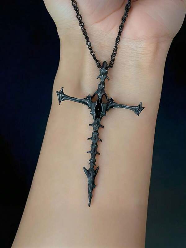 1pc Dark Gothic Skull Cross Pendant Necklace, Retro Style Distressed Cross Necklace For Men, Punk Style Skeleton Cross Pendant Necklace Gift For Women, Couple Gift