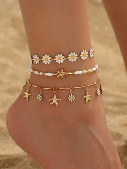 3pcs/Set Summer Sweet Daisy Flower Decoration Anklet, Elegant Romantic Floral Starfish Tassel Multilayer Foot Jewelry For Women, Suitable For Daily Wear, Beach Vacation, Party Date, Handmade Chain Can Be Cut To Length, Flower & Starfish Order & Quantity Is Random