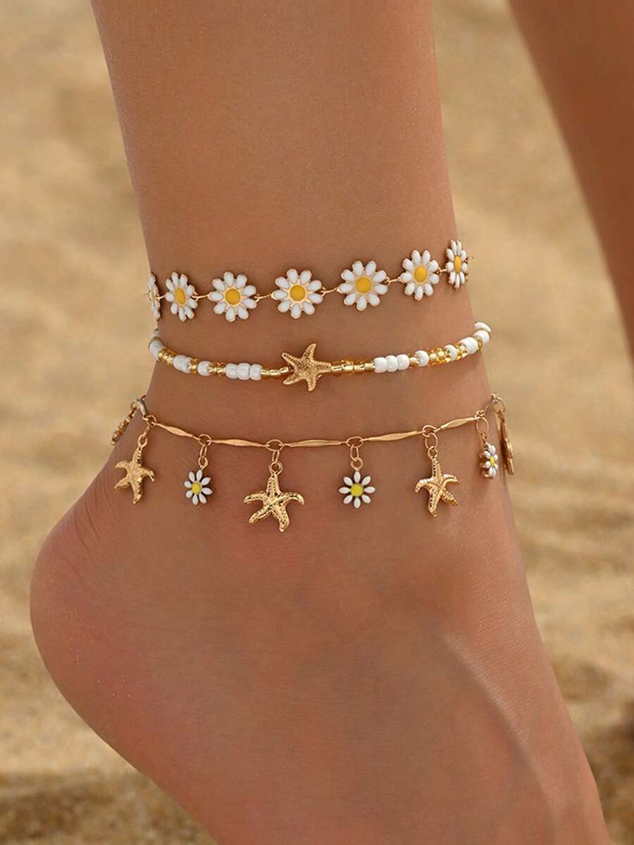 3 buc/set brățară decorativă de vară cu flori de margarete dulci, bijuterii elegante și romantice cu ciucuri florale cu stea de mare, multistrat, pentru picior, potrivite pentru purtare zilnică, vacanță la plajă, petrecere, lanț lucrat manual, poate fi tăiat la lungime, comanda și cantitatea cu flori și stele de mare sunt aleatorii
