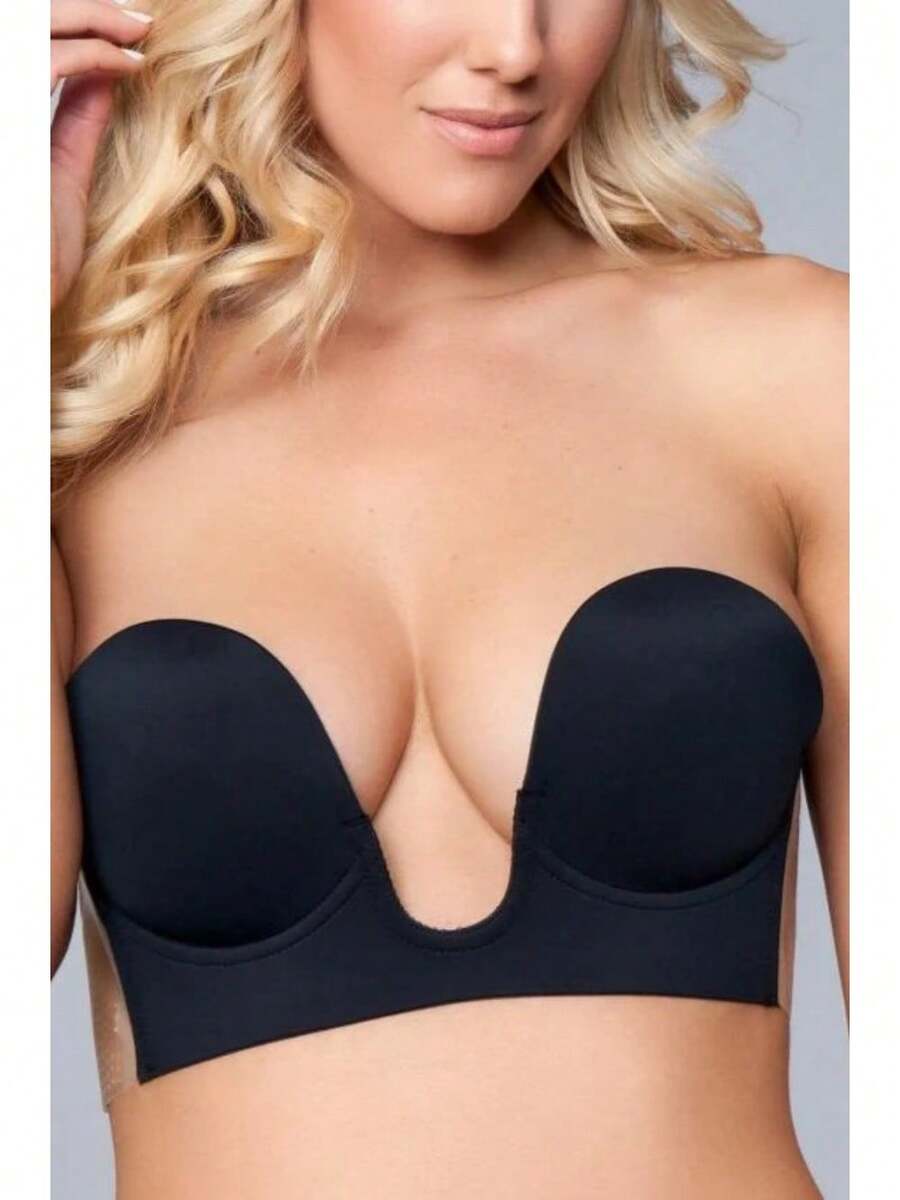 Women's Deep U Plunge Backless Strapless Bra With Adhesive Wings For Women - Black, Nude - Black - View 1