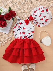 新款女婴三件套：心形印花吊带背心、纯色裙子和配套帽子，涤纶夏季套装（6-12个月，1-2岁） - 紅白色 - 查看 3