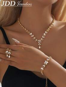 4pcs/Set Bridal Earrings, Leaf & Teardrop Necklace Jewelry Set For Wedding Dress, Party - Multicolor - View 12